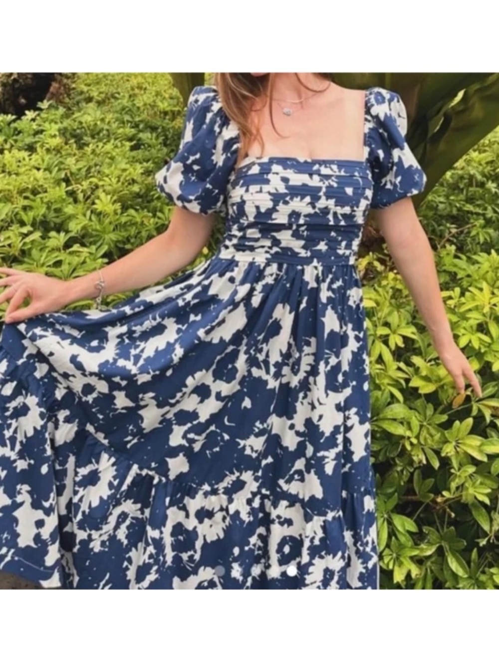 Abercrombie & Fitch Emerson Poplin Puff Sleeve Midi Dress Blue and White